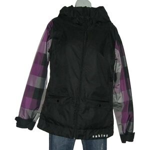 Oakley Snowboarding Coat Ski Jacket Black Purple Plaid Winter Hooded Logo Sz S